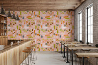 Mid century modern kitchen wallpaper adds color to a sunlit bar interior.