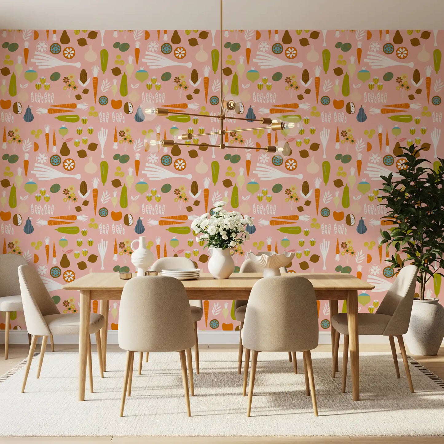 A large mid century modern white leek bunch on a pink kitchen wallpaper.