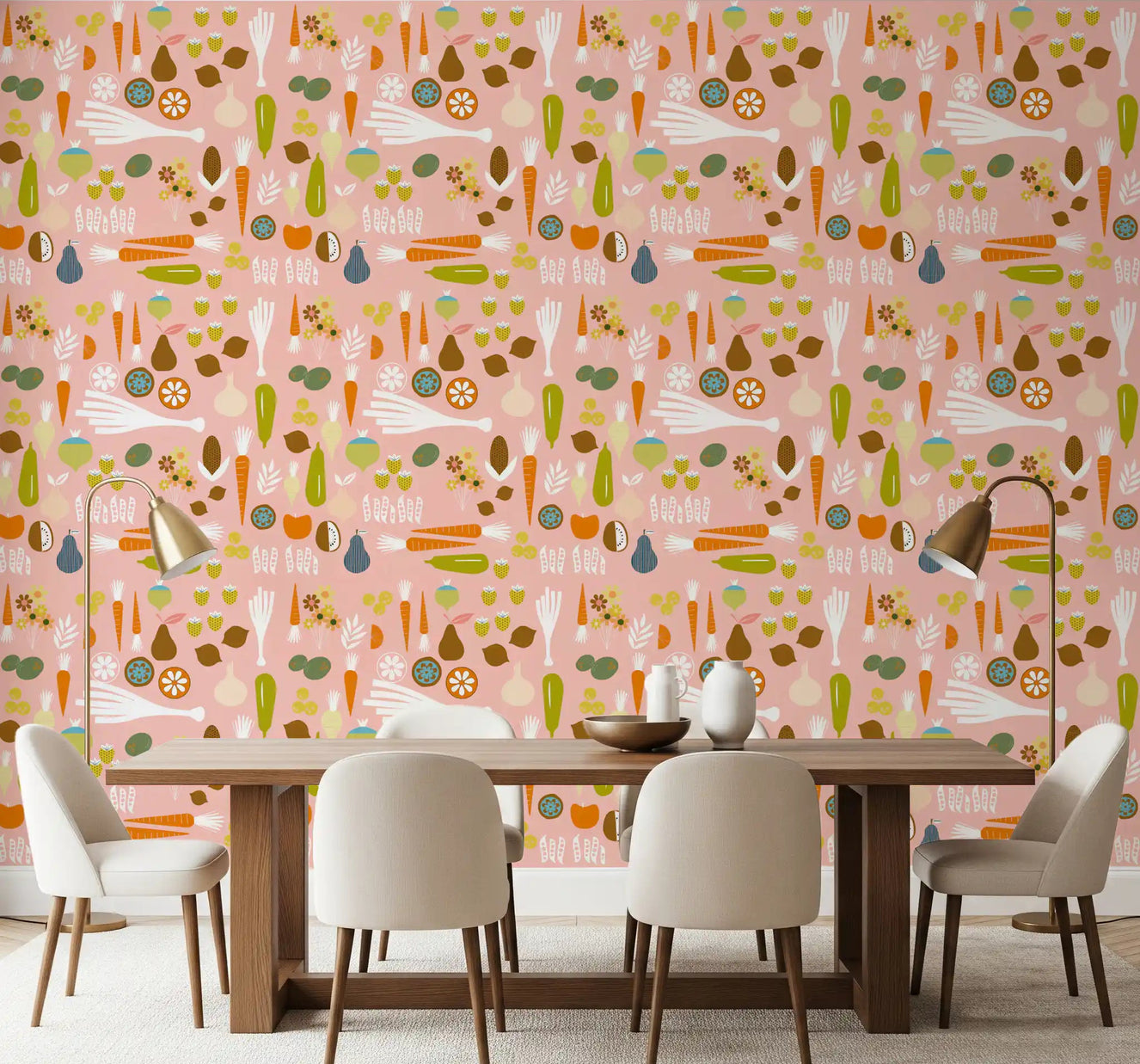 Playful veggie wallpaper brightens a large dining area.