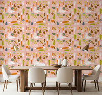 Playful veggie wallpaper brightens a large dining area.
