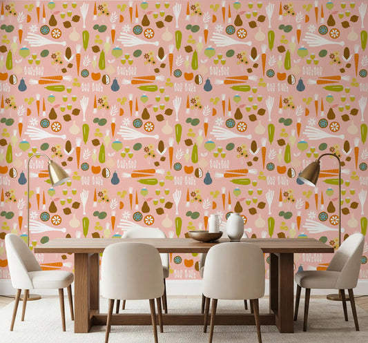 Playful veggie wallpaper brightens a large dining area.