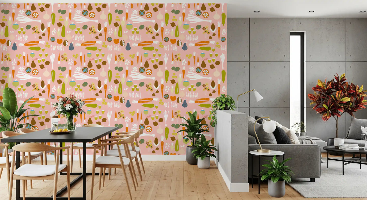 Small flower bouquets scattered across the pink veggie wallpaper background.