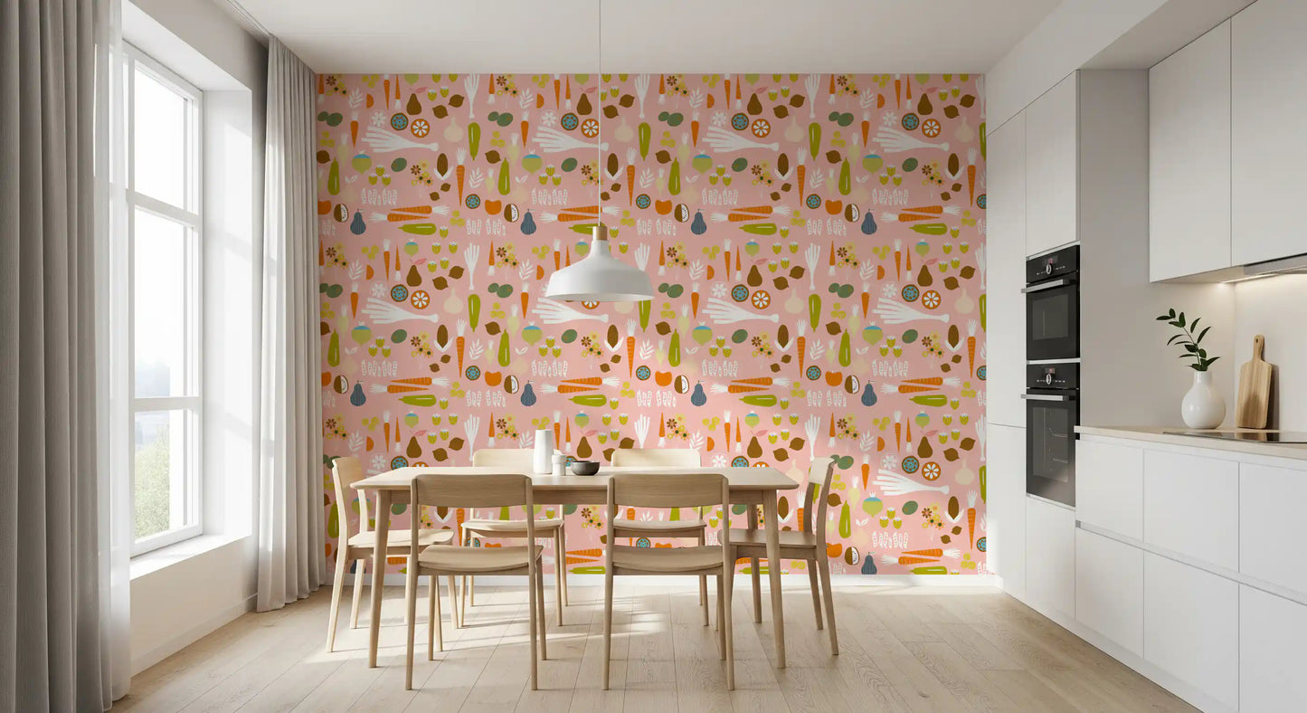 Pink mid century modern wallpaper enlivens a bright dining room.