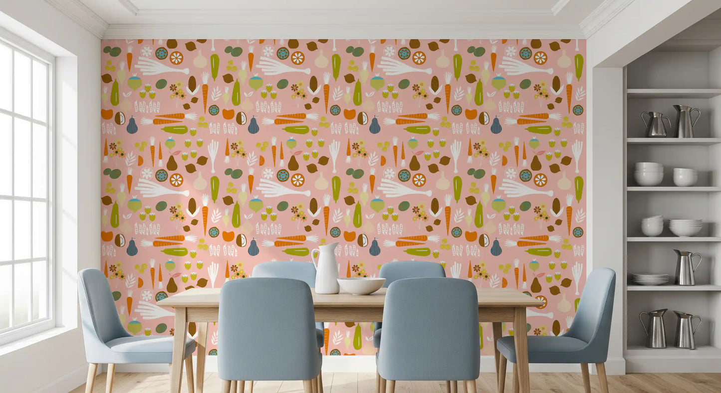 Retro illustrated orange carrots stand out against the pink veggie wallpaper.