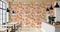 Retro pink veggie wall[paper creates a focal point in the dining room.