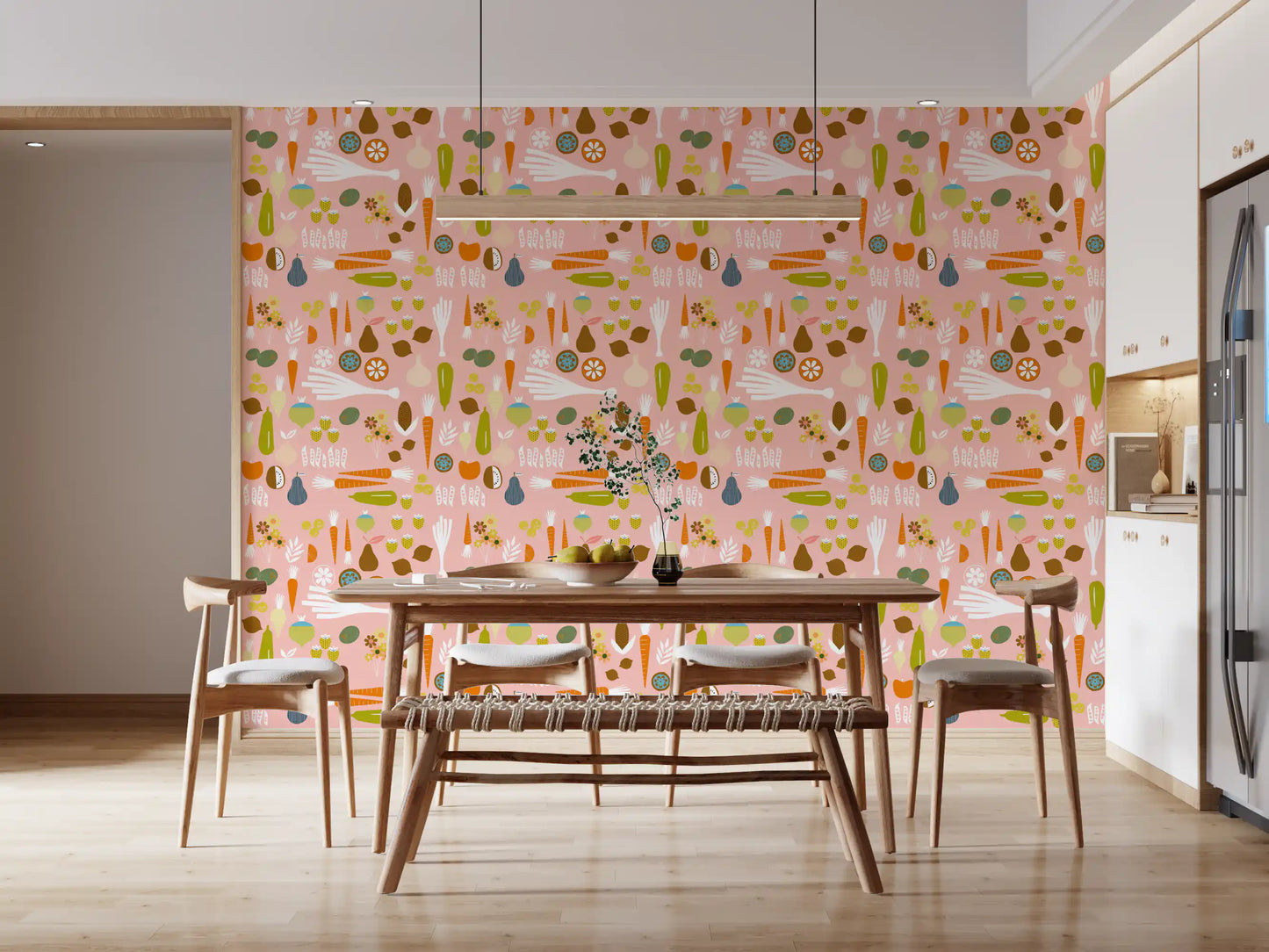 Mid century modern kitchen wallpaper features a salmon pink background.