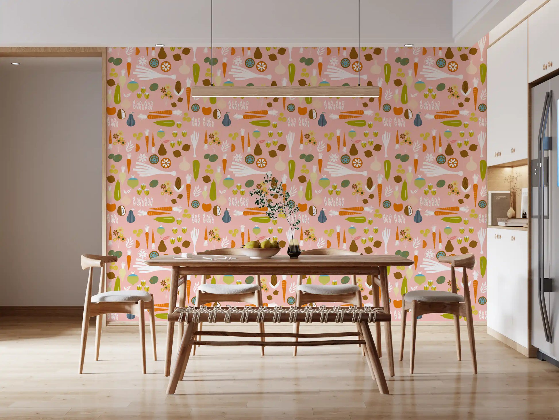Mid century modern kitchen wallpaper features a salmon pink background.