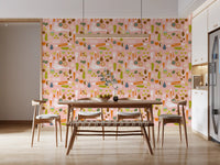 Mid century modern kitchen wallpaper features a salmon pink background.