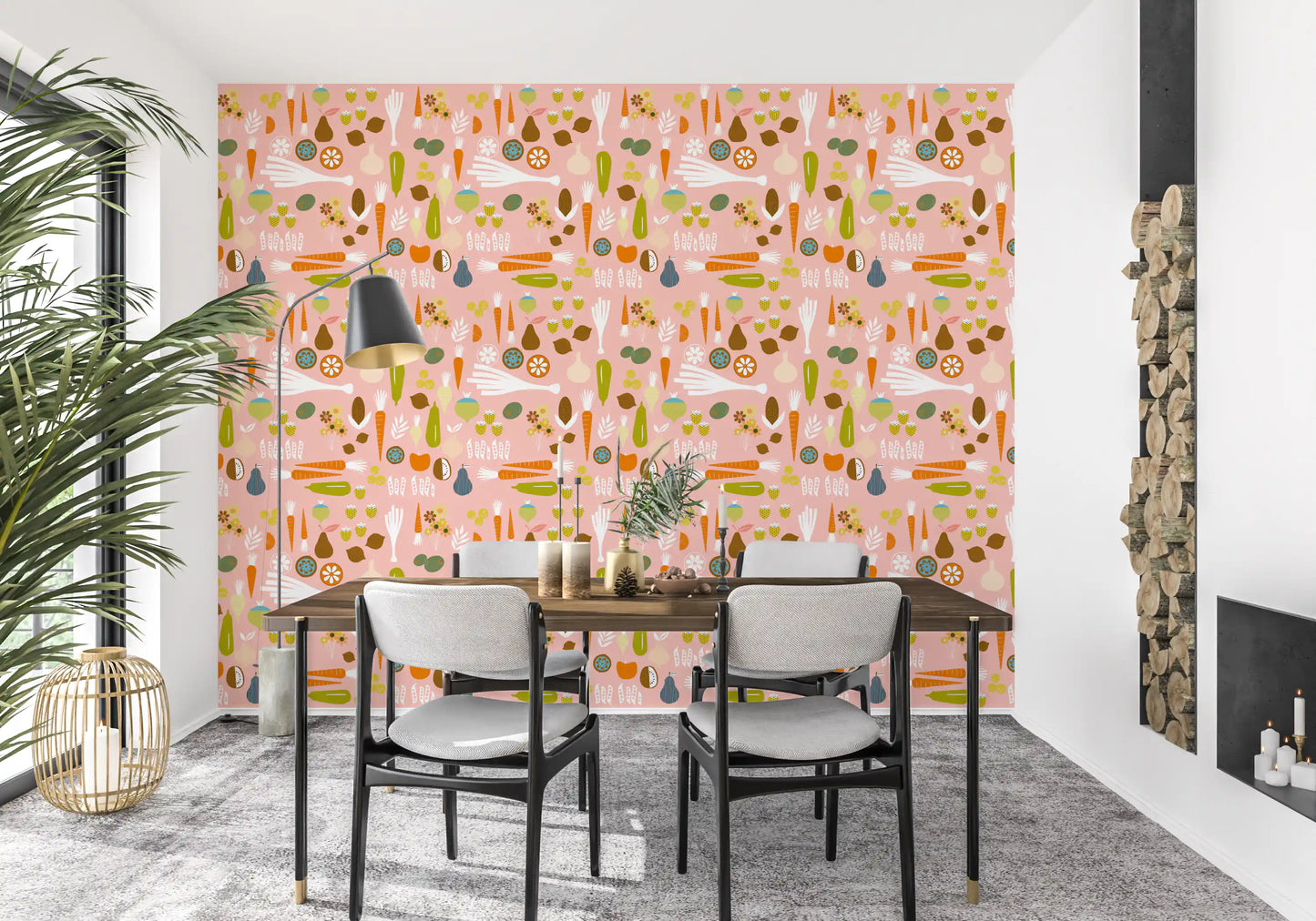 Stylized pears, kiwi, and garlic on this mid century modern kitchen wallpaper.