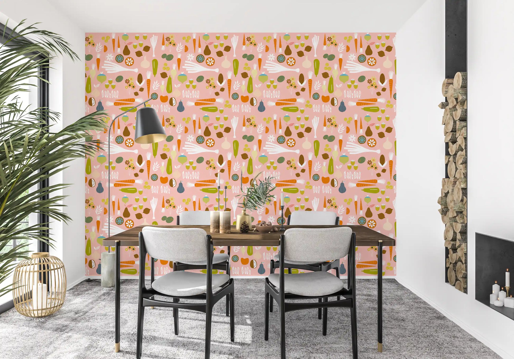 Stylized pears, kiwi, and garlic on this mid century modern kitchen wallpaper.