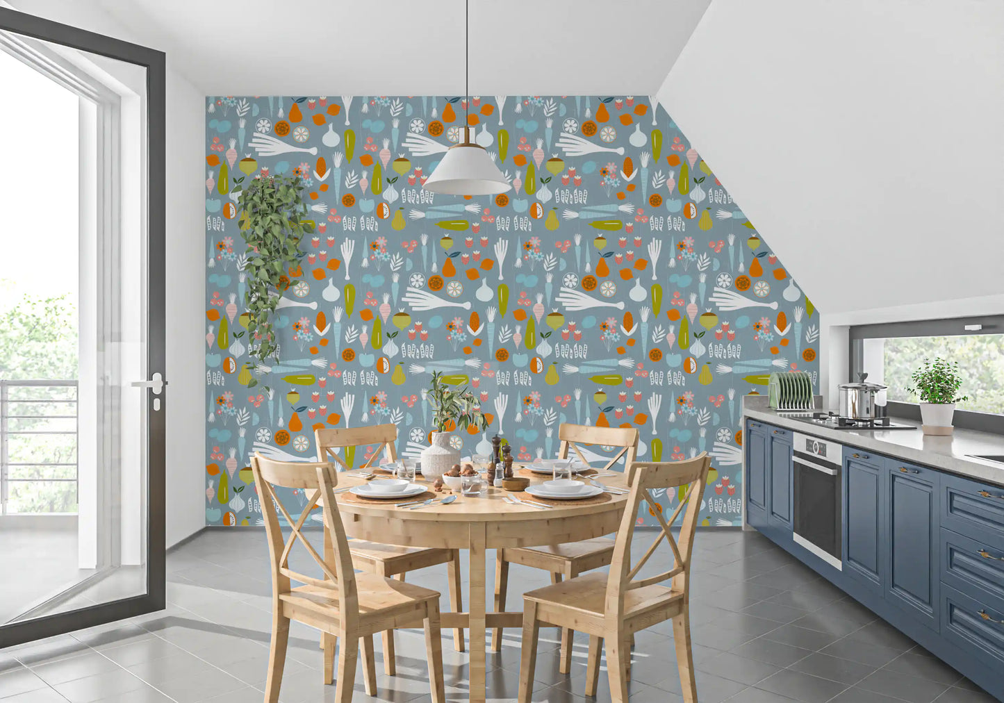 Dotted strawberry patterns on the dusty blue veggie mid century wallpaper.