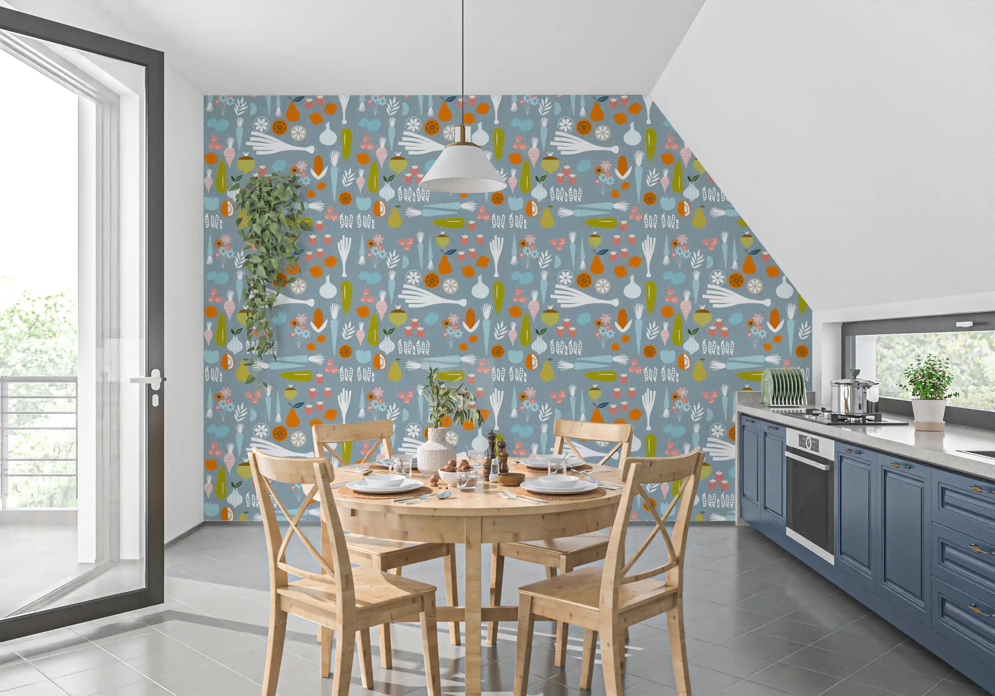 Dotted strawberry patterns on the dusty blue veggie mid century wallpaper.