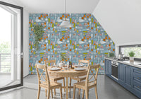 Dotted strawberry patterns on the dusty blue veggie mid century wallpaper.