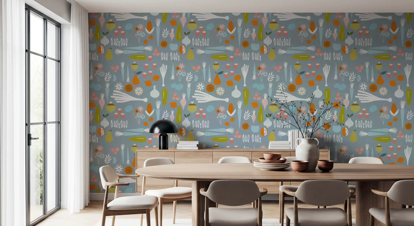 Dining space featuring this dusty blue veggie kitchen wallpaper.