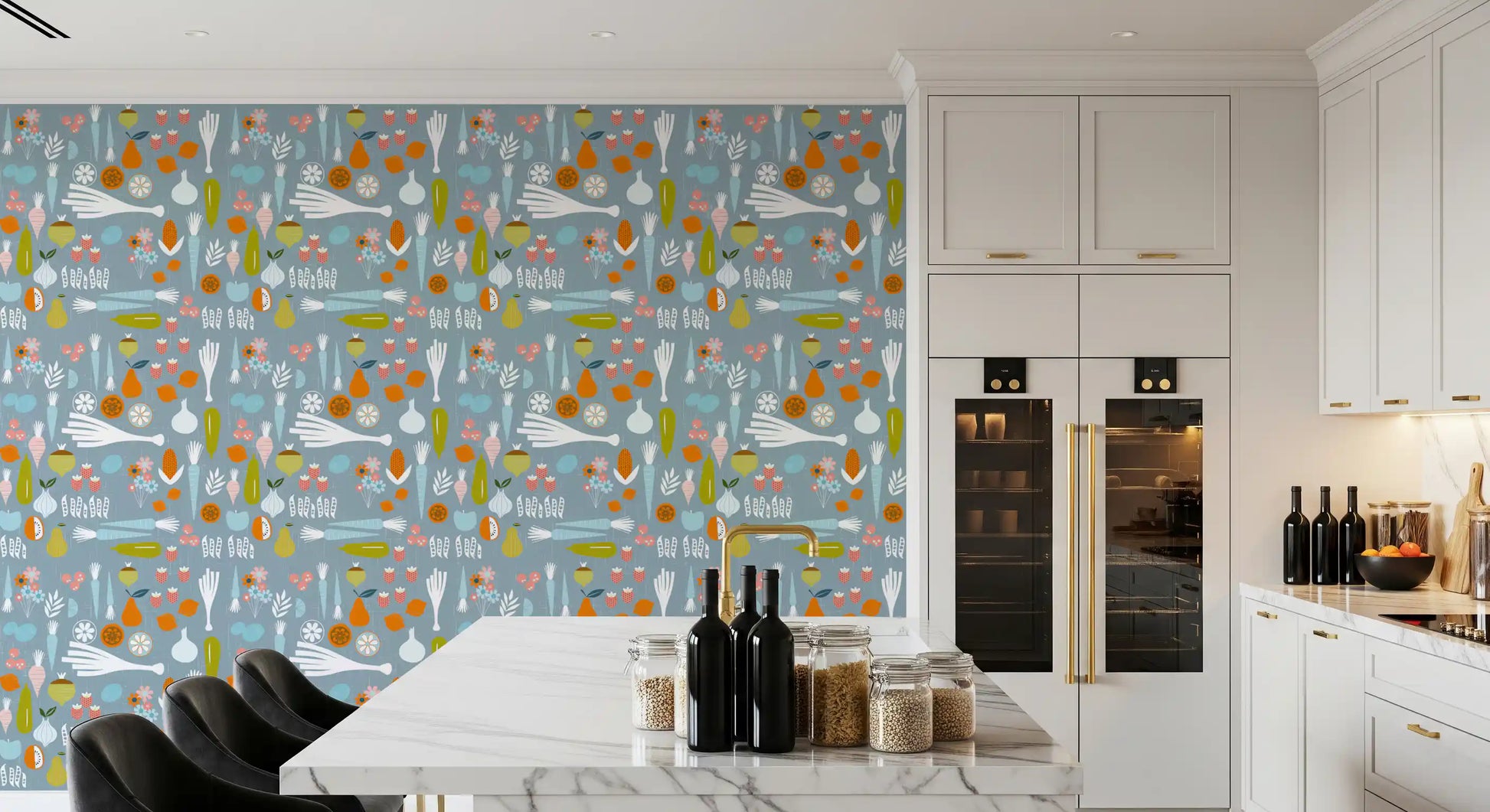 Whimsical floral and vegetable icons on a dusty blue veggie wallpaper.