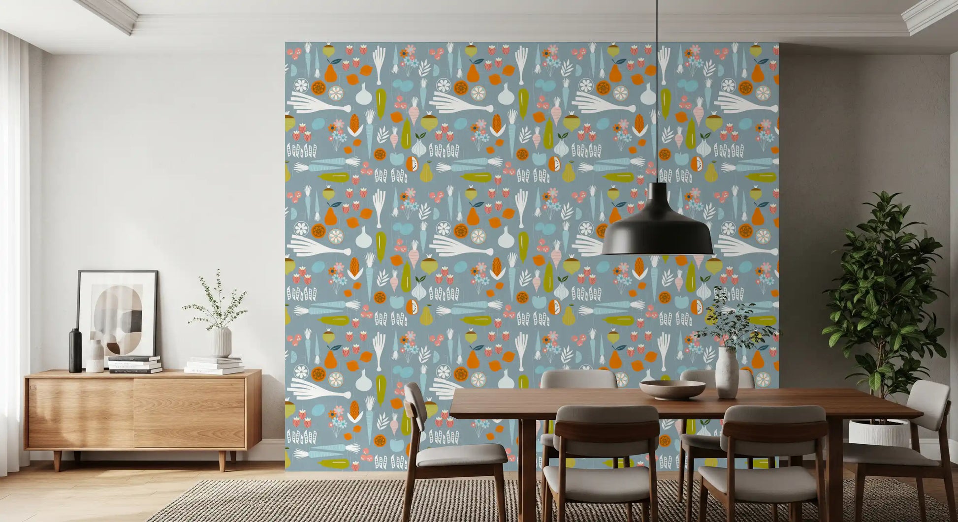 This dusty blue veggie mid century wallpaper brightens up a dining space.
