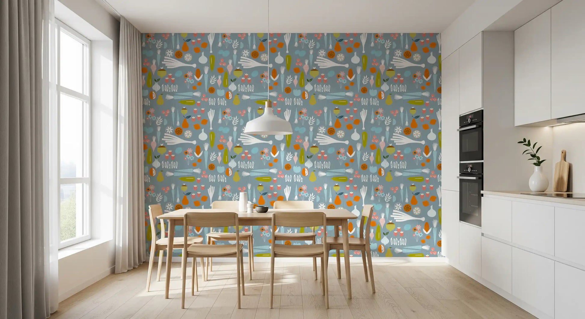 Blue linen texture backdrop of the dusty blue veggie kitchen wallpaper.
