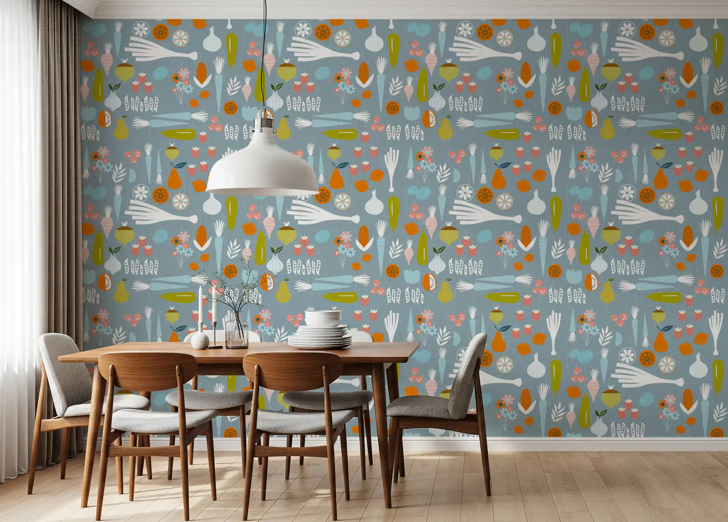 Colorful garden motifs on this dusty blue veggie wallpaper for dining area.