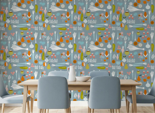 Dusty blue veggie mid century wallpaper creates a fun vibe in a dining room.