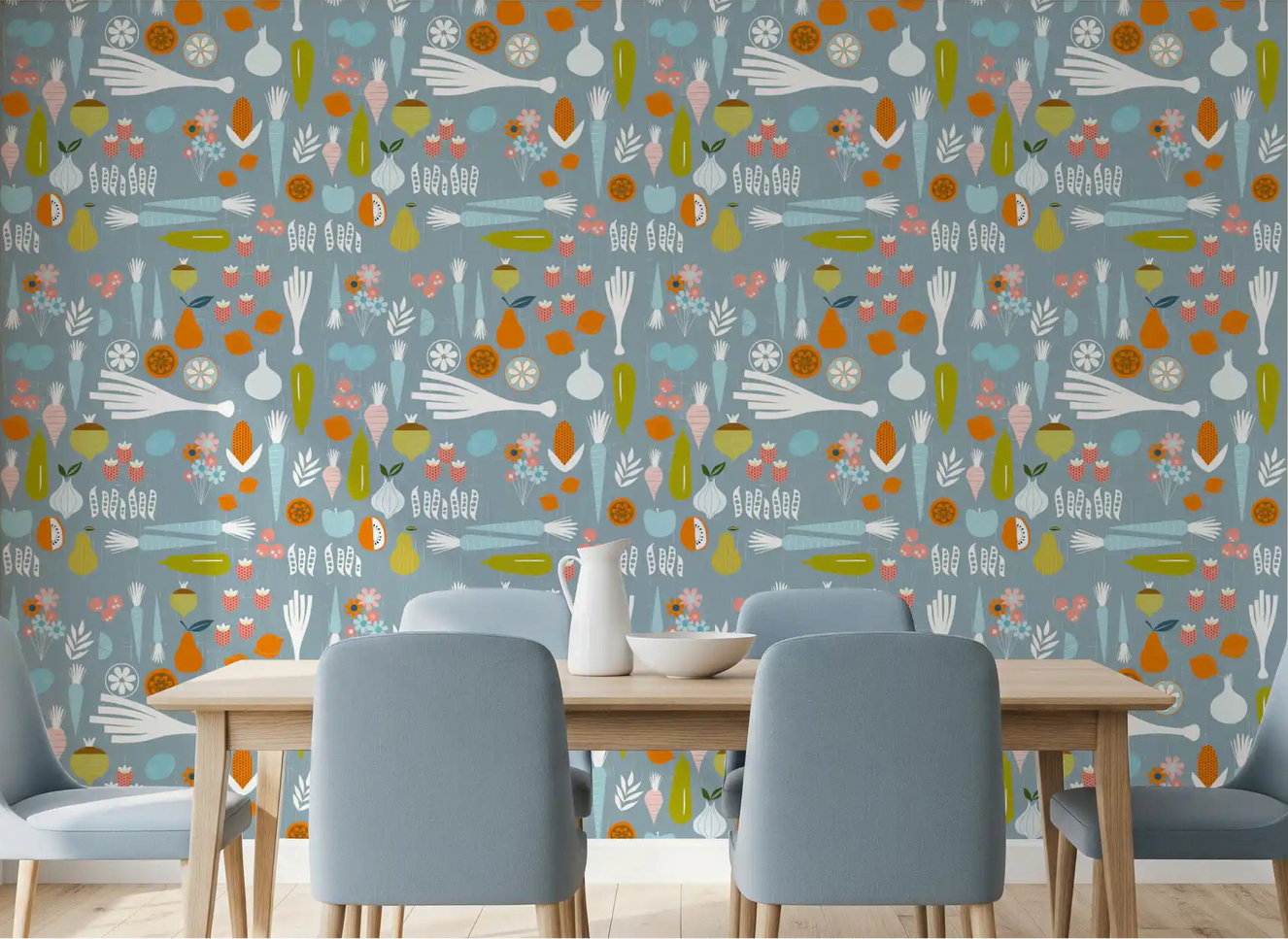 Dusty blue veggie mid century wallpaper creates a fun vibe in a dining room.