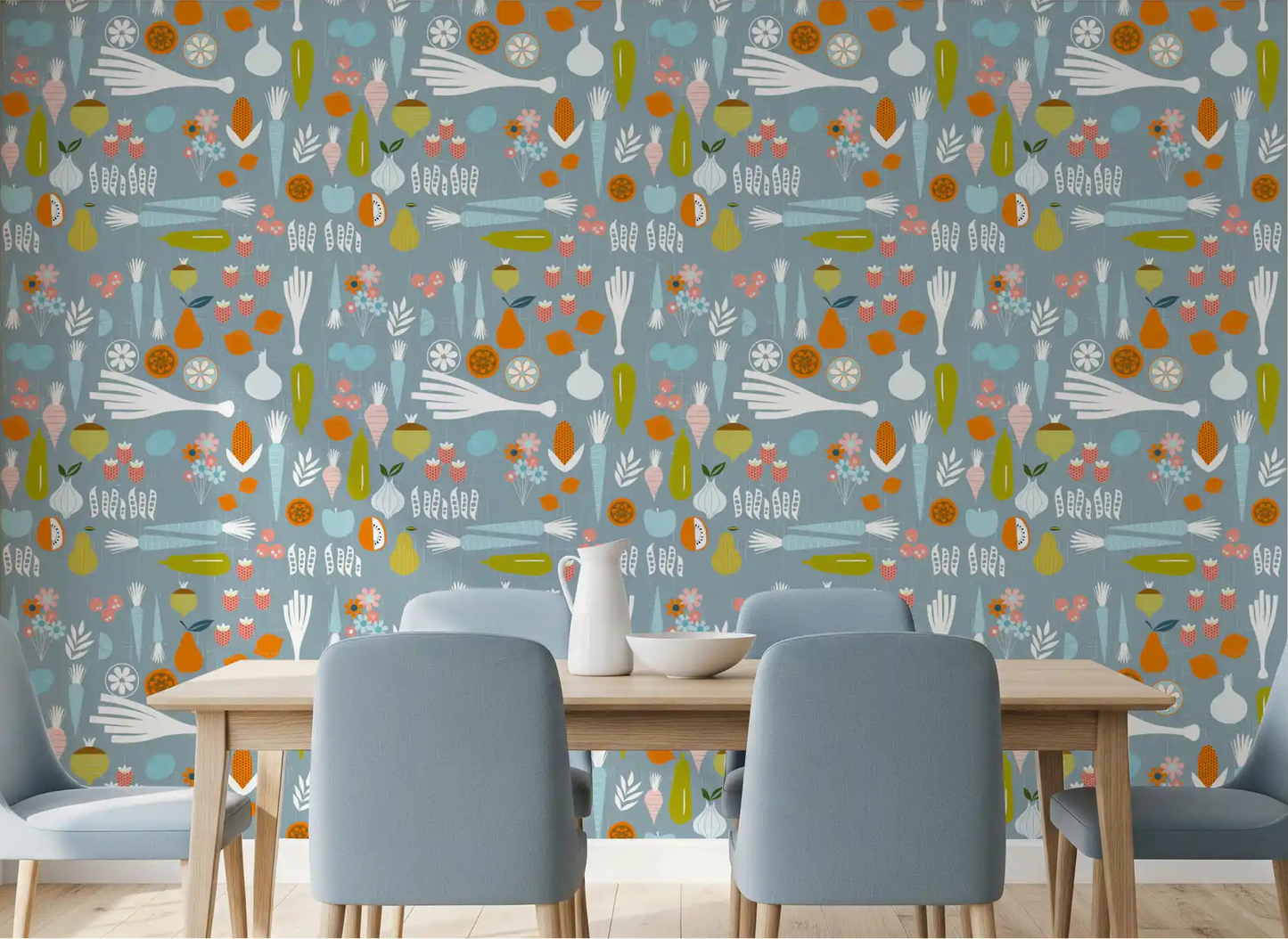 Dusty blue veggie mid century wallpaper creates a fun vibe in a dining room.