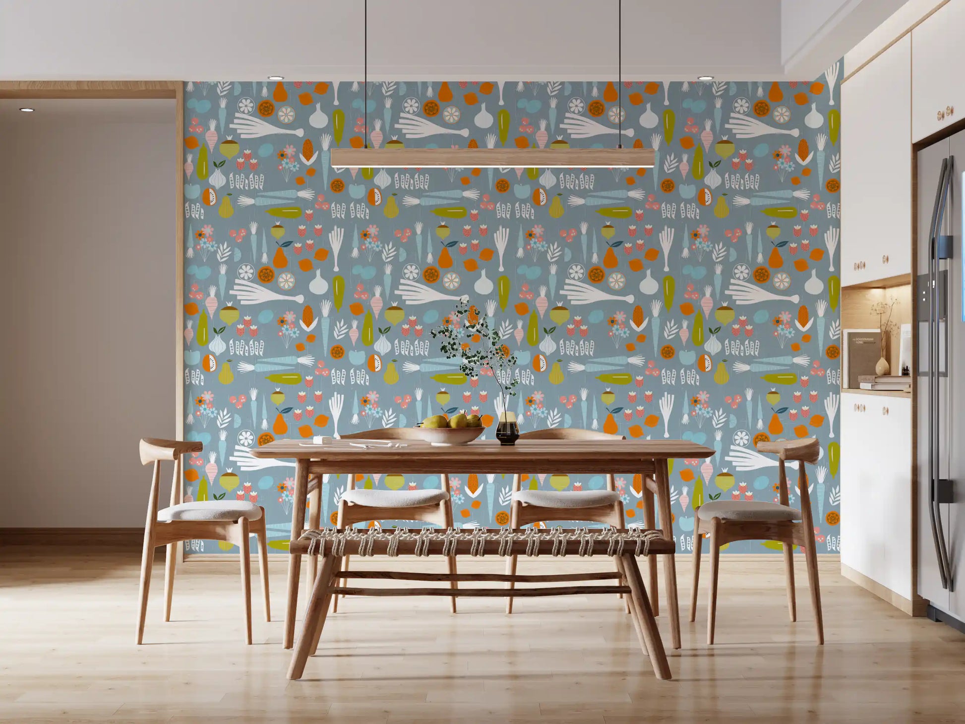 Stylized pears and carrots on this dusty blue veggie kitchen wallpaper.