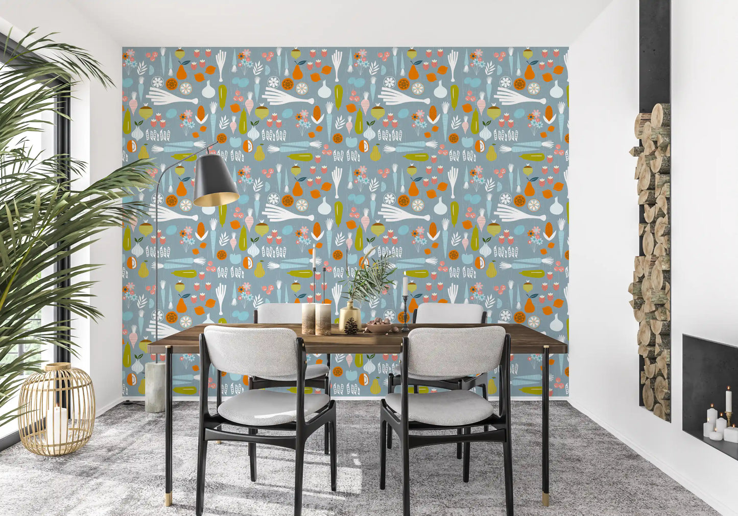 Dining room walls accented with this dusty blue veggie kitchen wallpaper.