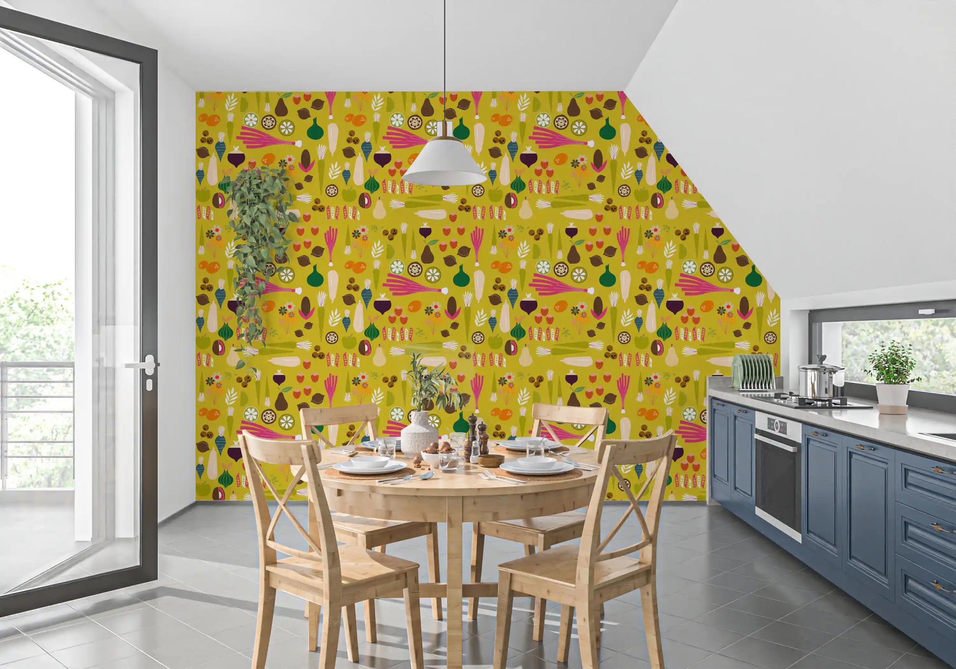 Playful food patterns on this mustard wallpaper decorate a creative kitchen., GD9942