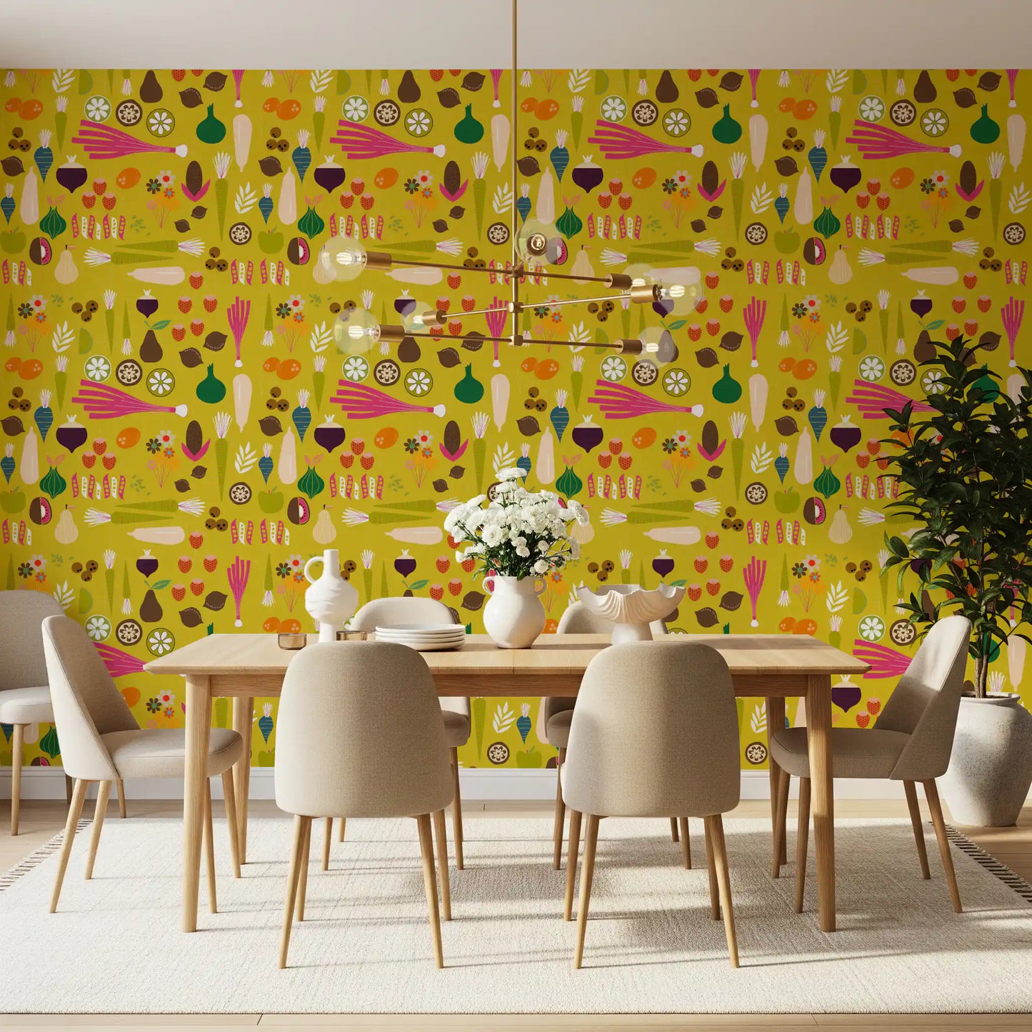 Unique retro wallpaper with carrot and onion motifs brightens a dining area., GD9942
