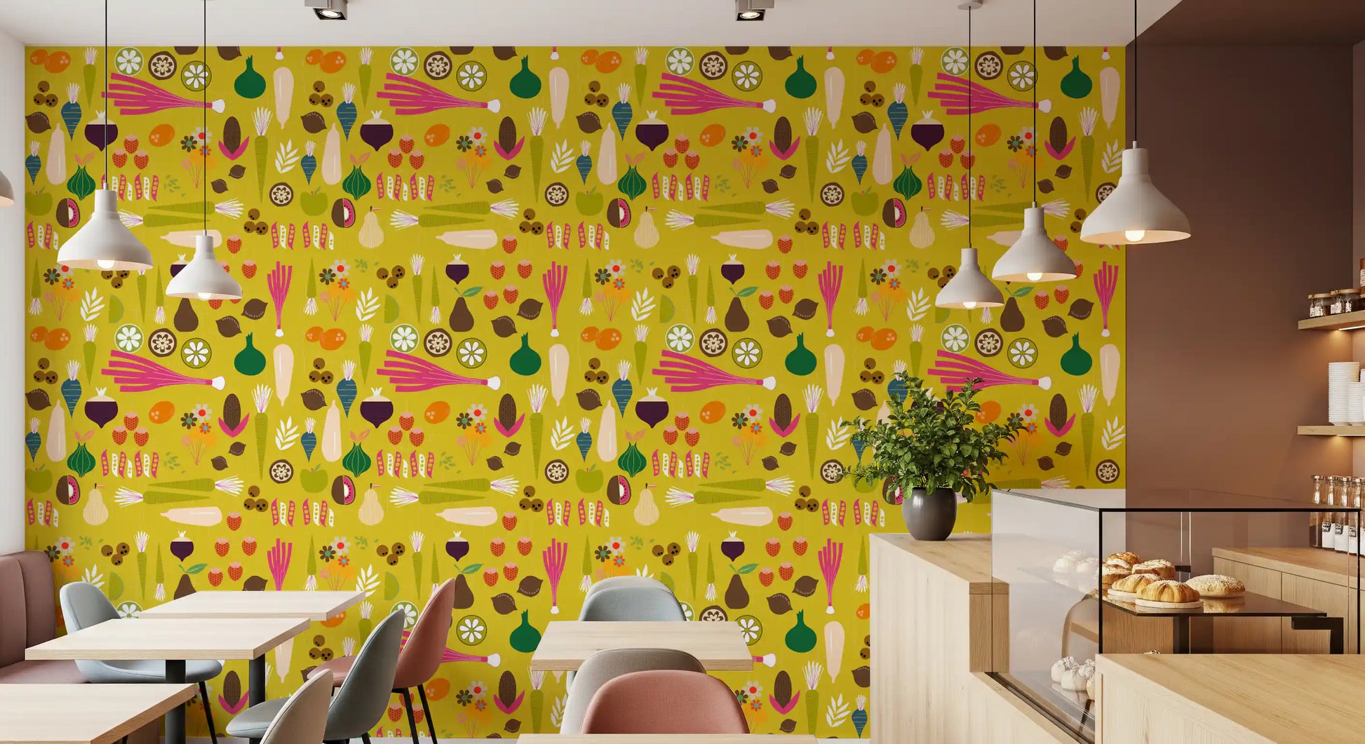 Retro kitchen wallpaper featuring garden greens creates a lively feel in cafe area., GD9942