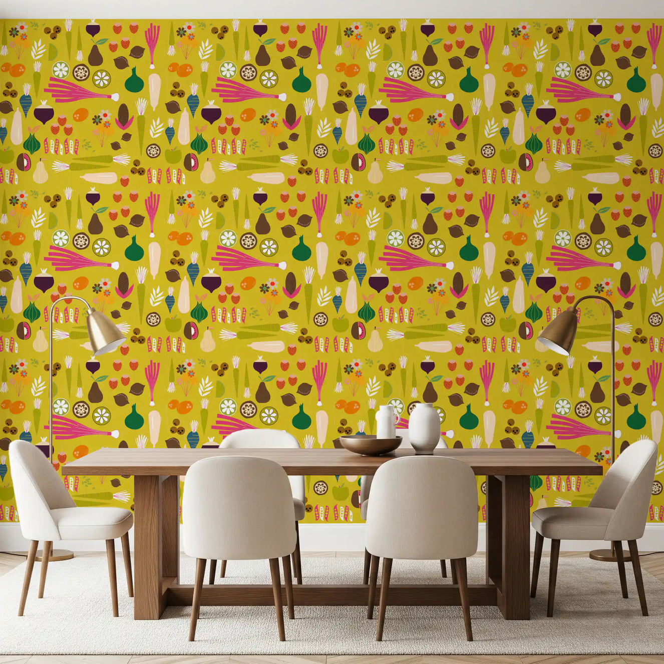 A bright mustard vegetable wallpaper lines the walls of a sunlit dining room.