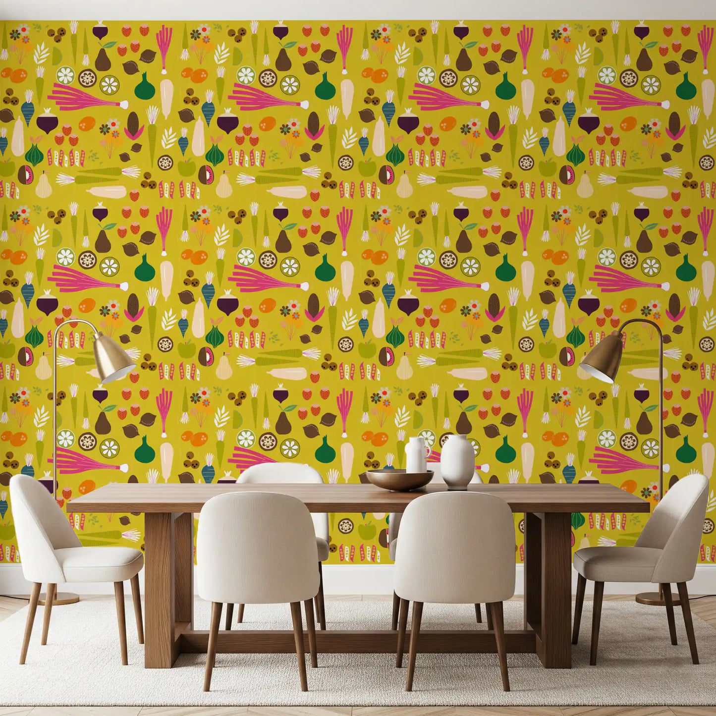 A bright mustard vegetable wallpaper lines the walls of a sunlit dining room., GD9942