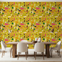 A bright mustard vegetable wallpaper lines the walls of a sunlit dining room., GD9942