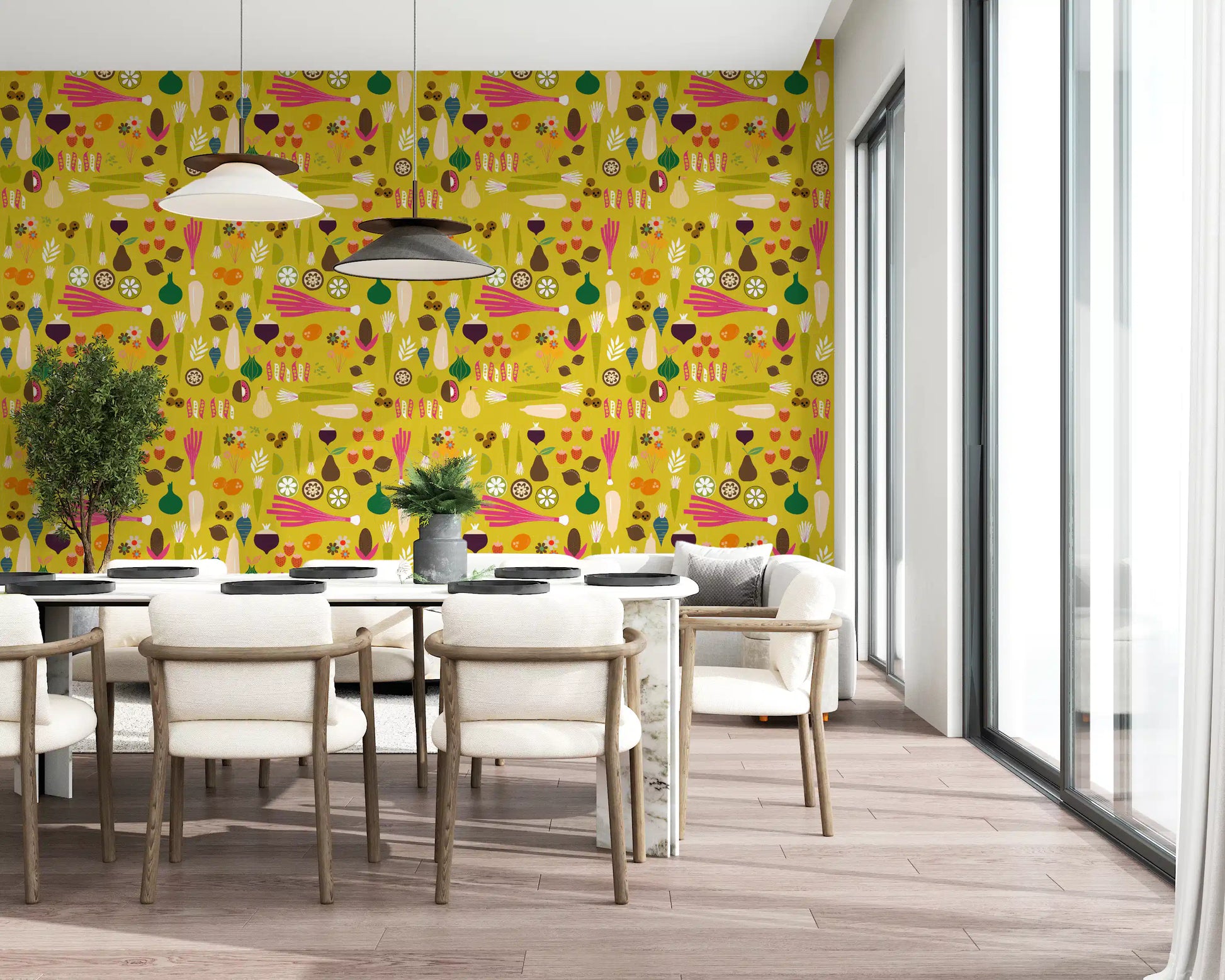 Rich yellow backdrop highlighting varied produce on the kitchen wallpaper., GD9942