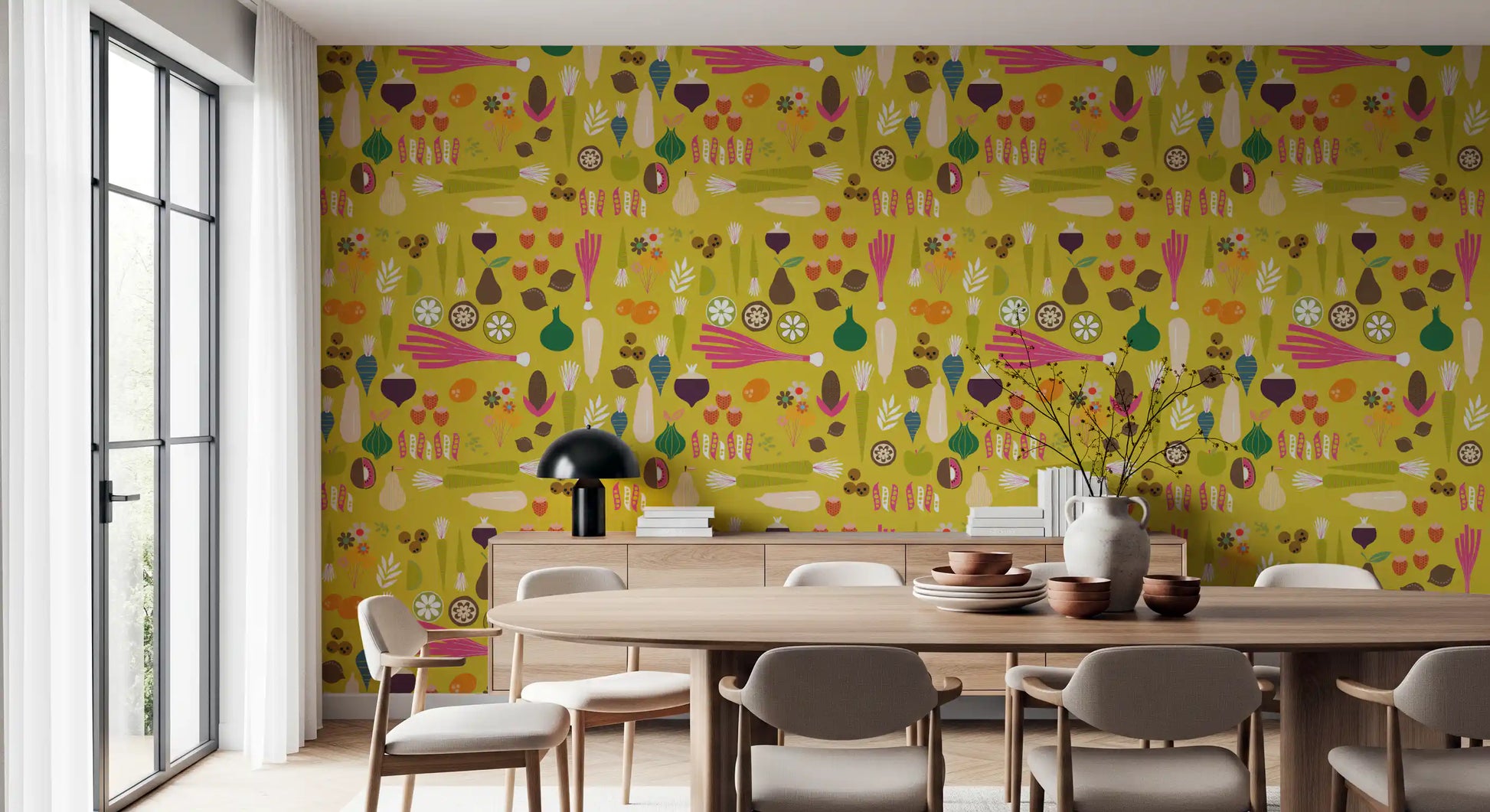 Colorful garden produce scattered across a vibrant mustard wallpaper., GD9942