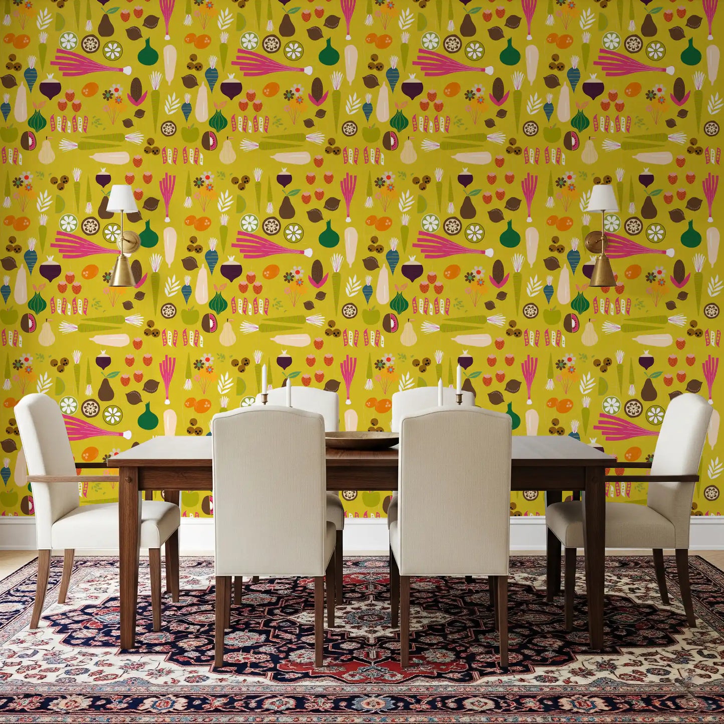 Stylized vegetable wallpaper brings a colorful vintage vibe to a living space., GD9942