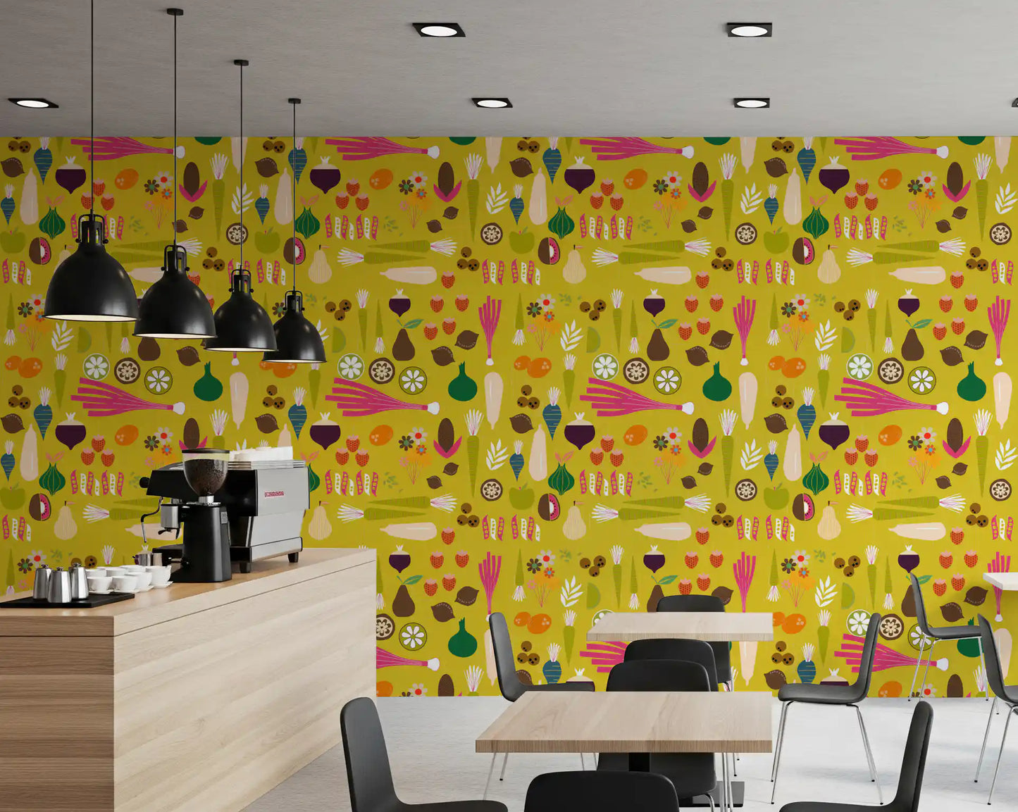 Mustard yellow vegetable wallpaper offers a cheerful look for modern cafe., GD9942