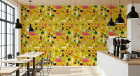 Zoomed in view of the floral and pea pod details on this retro wallpaper., GD9942