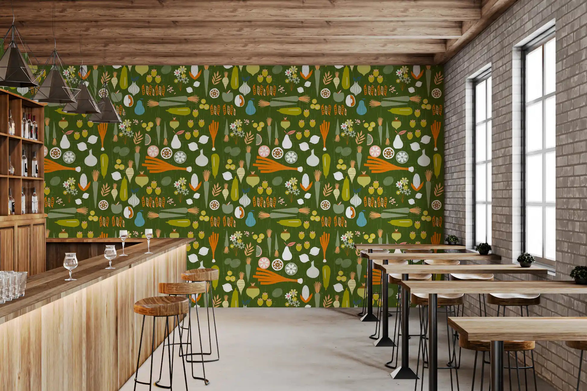 Unique bar walls showcasing Olive Green Vegetable Wallpaper., GD9943