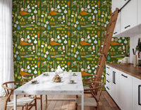 Cheerful breakfast nook using Olive Green Vegetable Wallpaper., GD9943