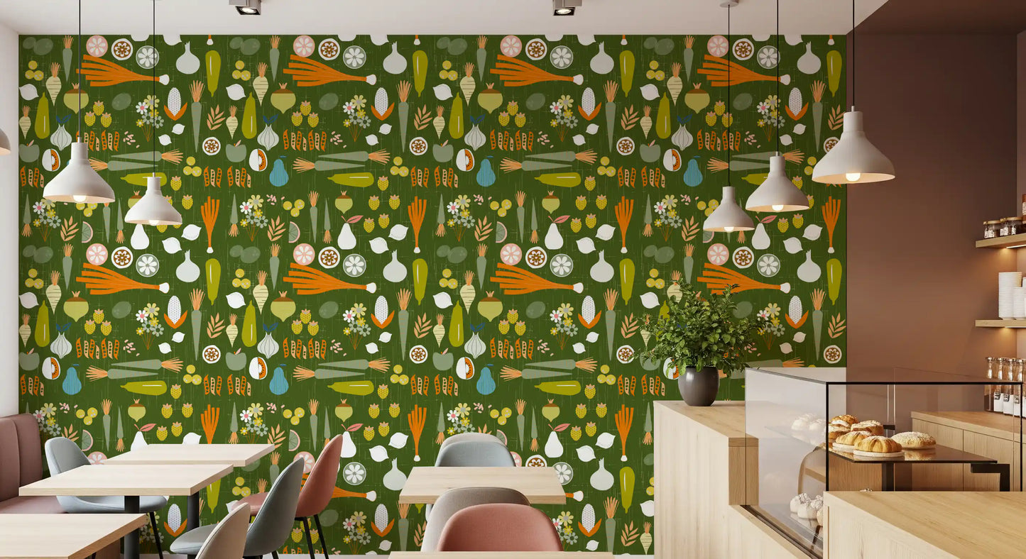 Detailed retro vegetable illustrations on this Olive Green wallpaper., GD9943
