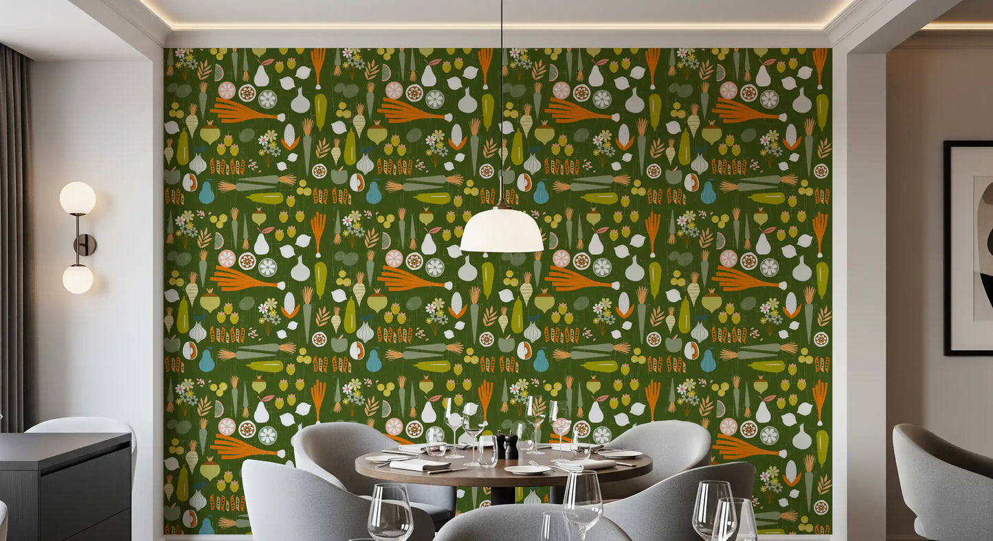 Textured olive background with Retro Kitchen Wallpaper., GD9943