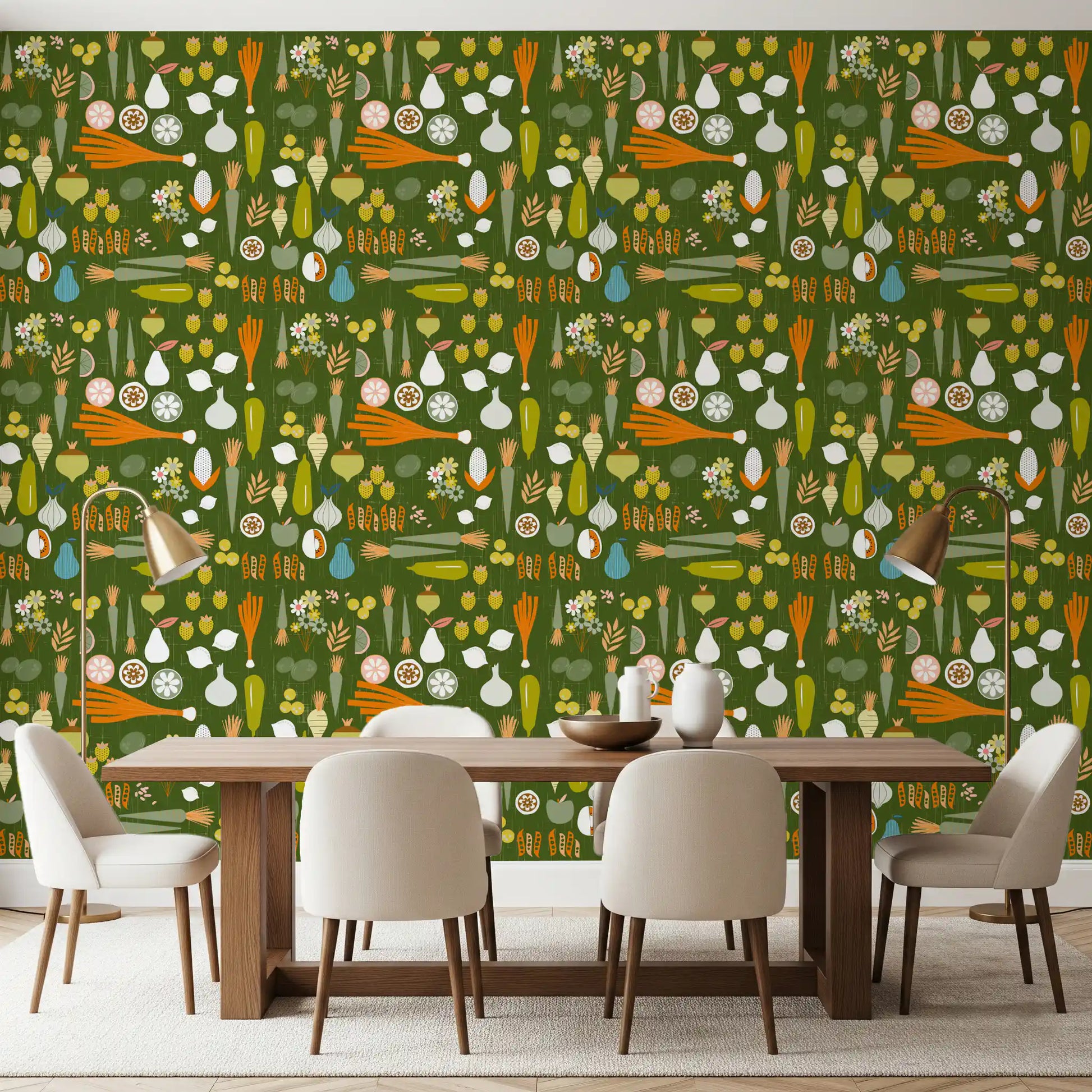 Greenery-themed dining area with Retro Kitchen wallpaper., GD9943