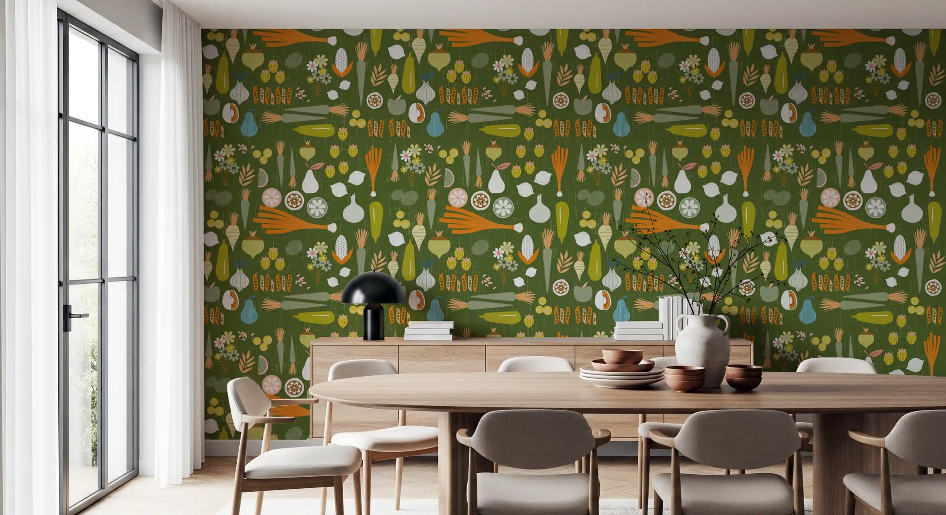 Flat graphic vegetable shapes on Olive Green Vegetable Wallpaper., GD9943