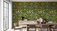 Flat graphic vegetable shapes on Olive Green Vegetable Wallpaper., GD9943