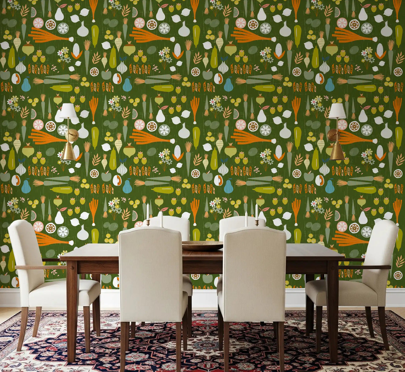 Vibrant dining room walls featuring Olive Green Vegetable Wallpaper