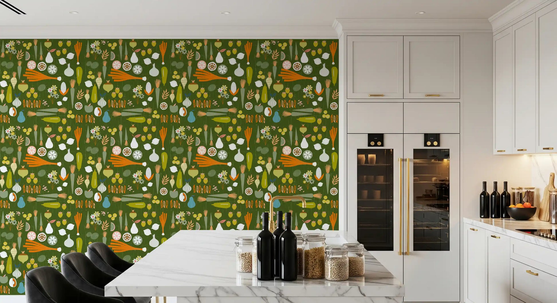 Dining room accent styled with Retro Kitchen wallpaper., GD9943