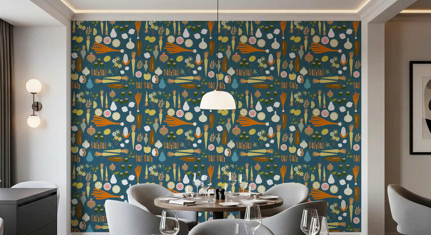 Playful retro kitchen wall mural adds character to the cozy dining space.