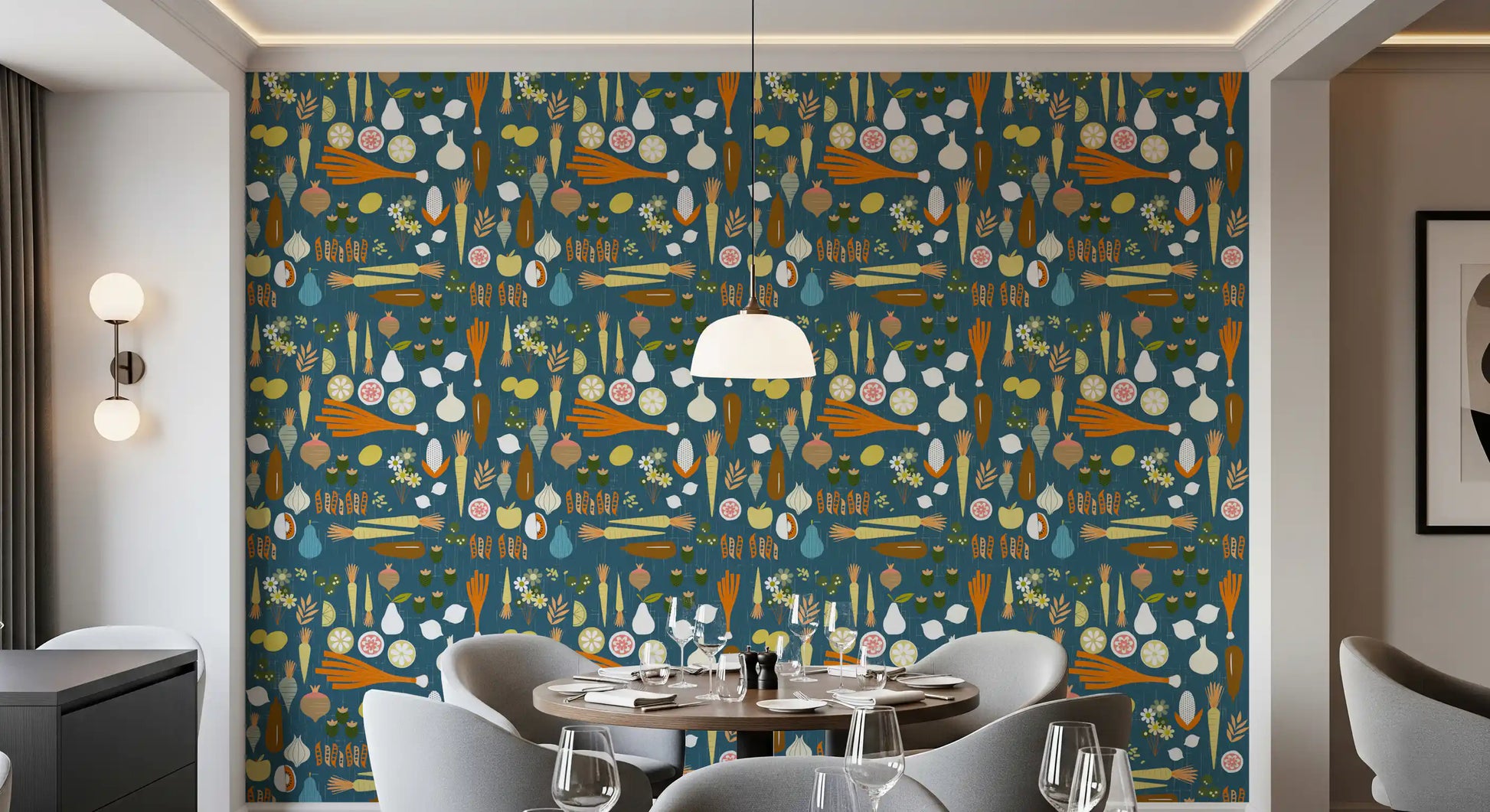 Playful retro kitchen wall mural adds character to the cozy dining space.