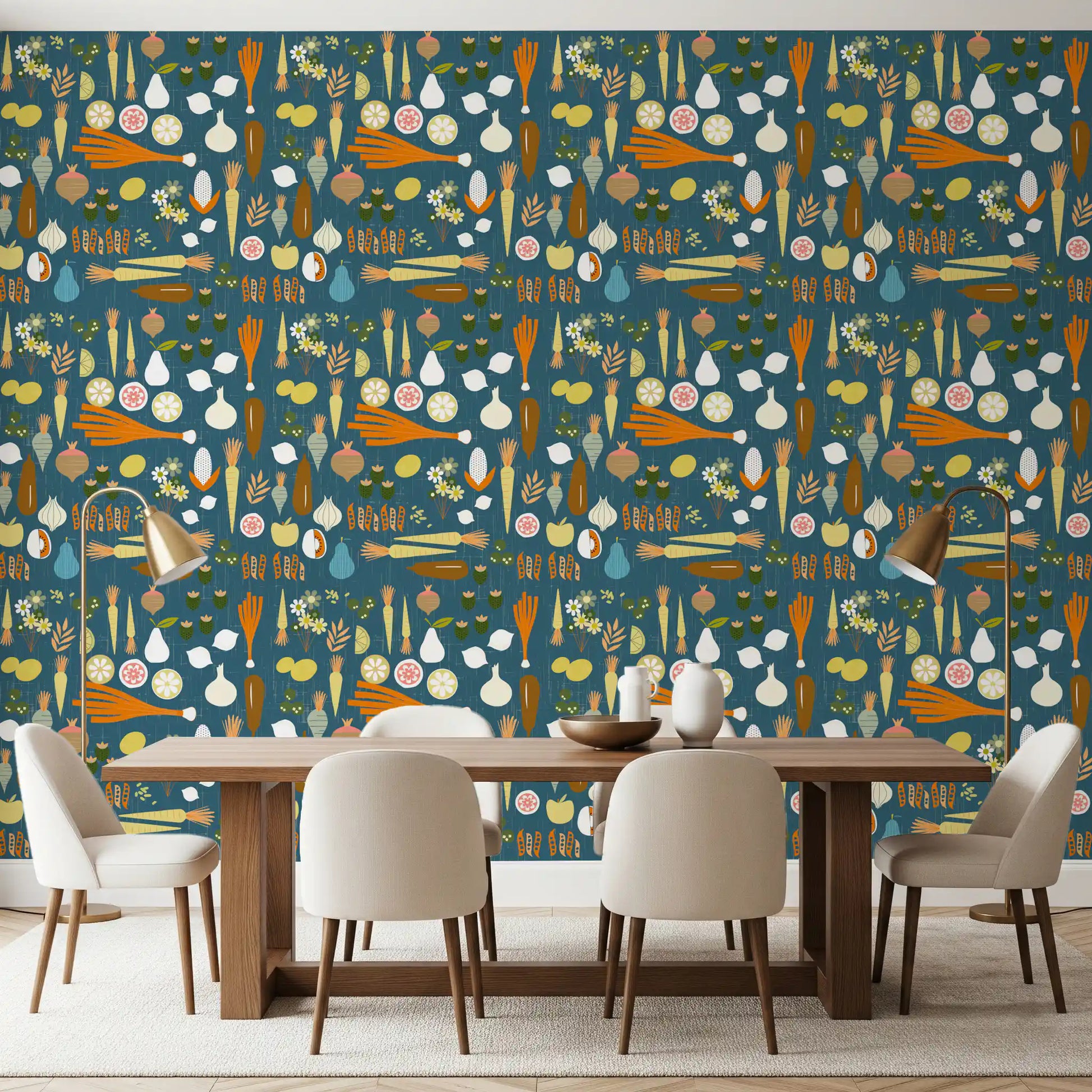 Retro teal vegetable wallpaper brings playful energy to the bustling dining area.